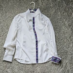 White Button-Up Shirt with Plaid Trim